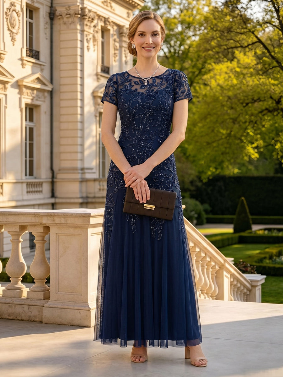 Lace Appliques Round Neck A Line Short Sleeves Long Mother of the Bride Dresses