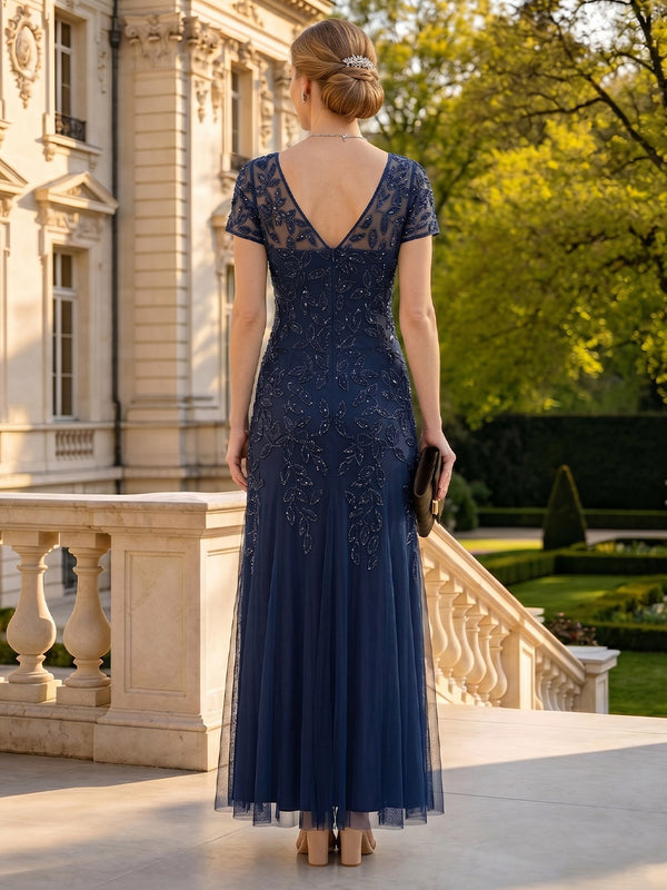 Lace Appliques Round Neck A Line Short Sleeves Long Mother of the Bride Dresses