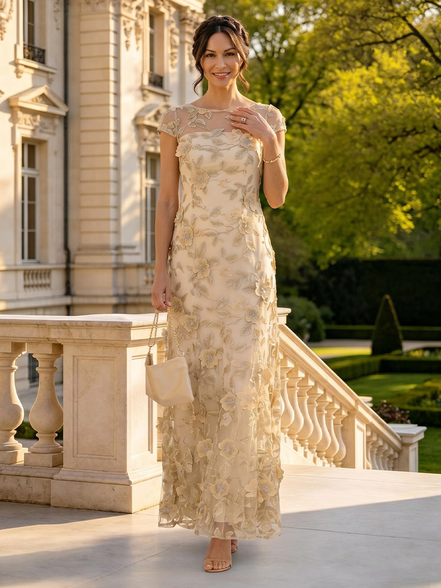Lace Applique A Line Short Sleeves Long Mother of the Bride Dresses