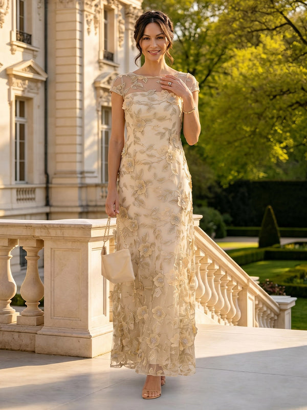 Lace Applique A Line Short Sleeves Long Mother of the Bride Dresses