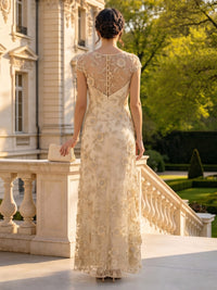 Lace Applique A Line Short Sleeves Long Mother of the Bride Dresses