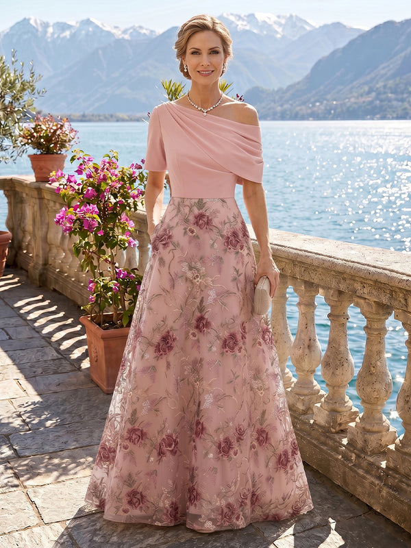 A Line One Shoulder Short Sleeves Long Mother of the Bride Dresses with Pockets