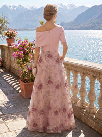 A Line One Shoulder Short Sleeves Long Mother of the Bride Dresses with Pockets