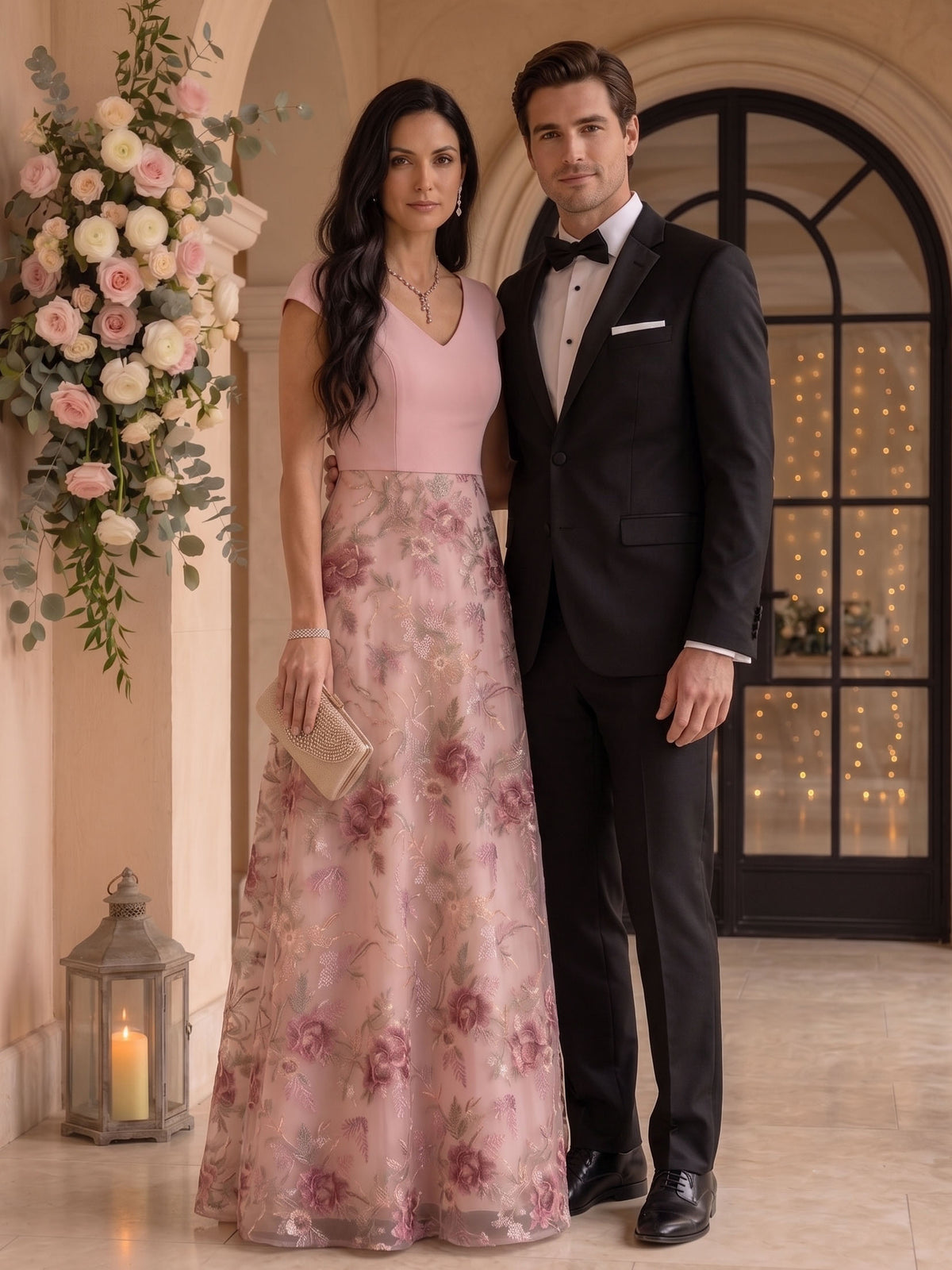 A Line V Neck Cap Sleeves Long Mother of the Bride Dresses with Pockets