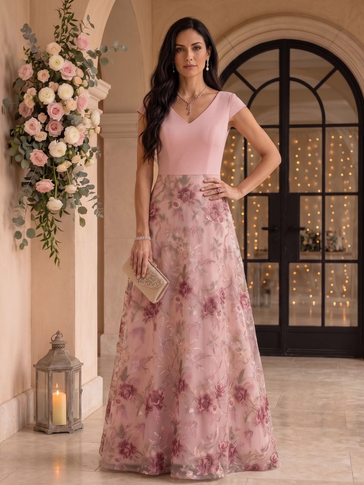 A Line V Neck Cap Sleeves Long Mother of the Bride Dresses with Pockets