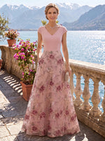 A Line V Neck Cap Sleeves Long Mother of the Bride Dresses with Pockets