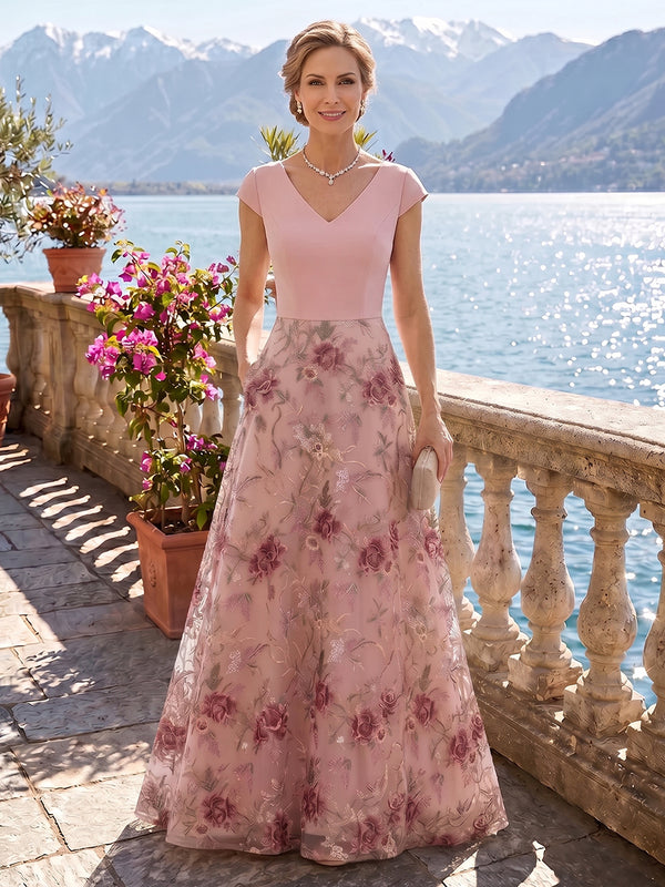 A Line V Neck Cap Sleeves Long Mother of the Bride Dresses with Pockets