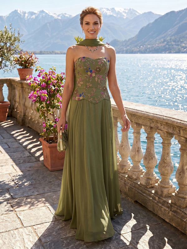 A Line Strapless Sleeveless Long Mother of the Bride Dresses with Scarf