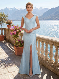Mermaid V Neck Sleeveless Long Mother of the Bride Dresses with Slit