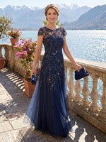 A Line Round Neck Short Sleeves Long Mother of the Bride Dresses