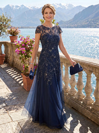 A Line Round Neck Short Sleeves Long Mother of the Bride Dresses