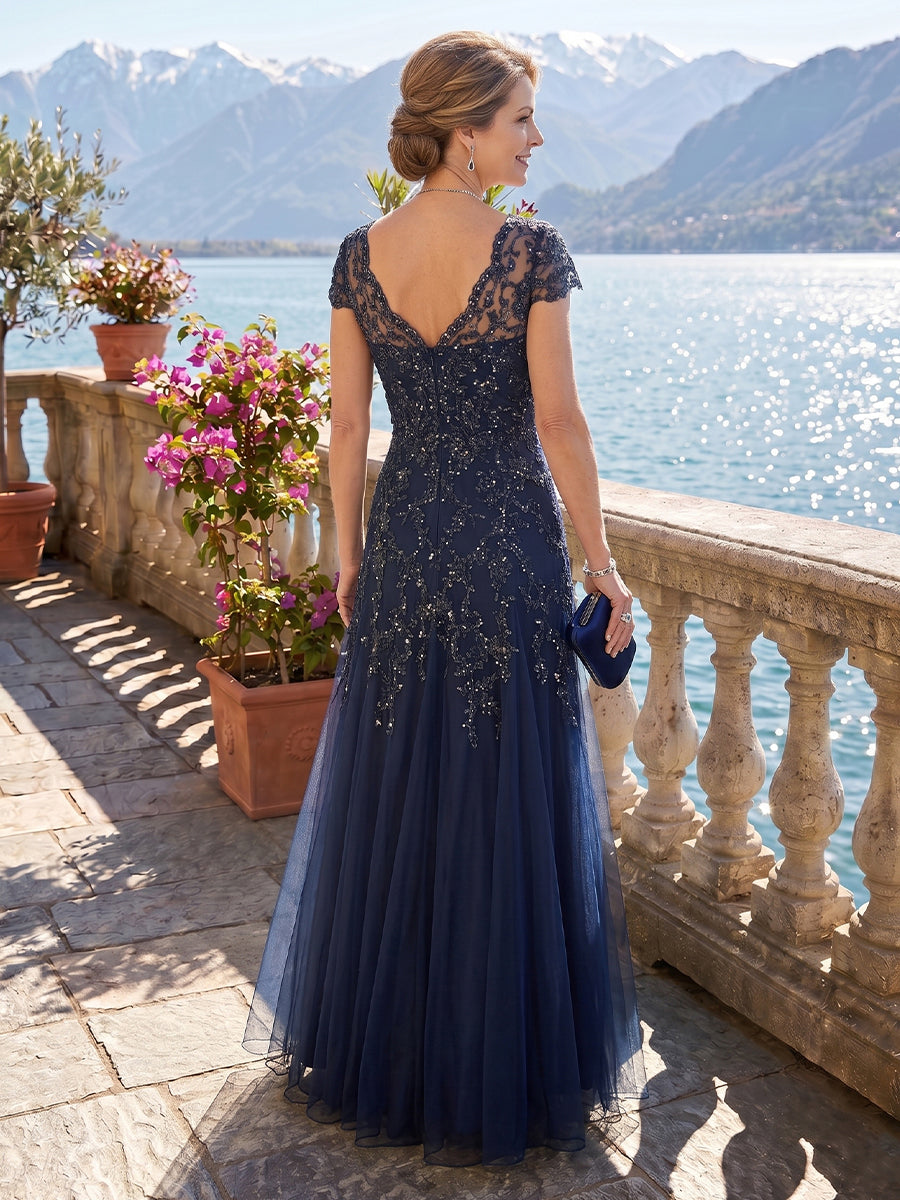 A Line Round Neck Short Sleeves Long Mother of the Bride Dresses