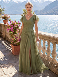 A Line V Neck Short Sleeves Long Mother of the Bride Dresses with Slit