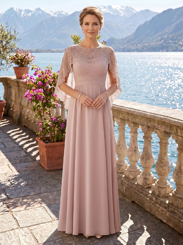 Column Round Neck Sleeveless Long Mother of the Bride Dresses with Cape