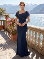 Mermaid Asymmetrical Neck Short Sleeves Long Mother of the Bride Dresses