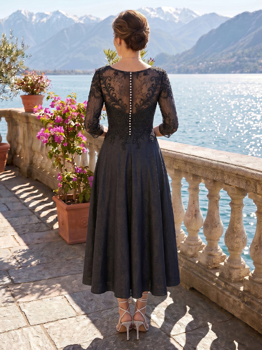 A Line Round Neck 3/4 Sleeves Long Mother of the Bride Dresses