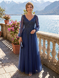 A Line Tulle V Neck Long Sleeves Mother of the Bride Dresses