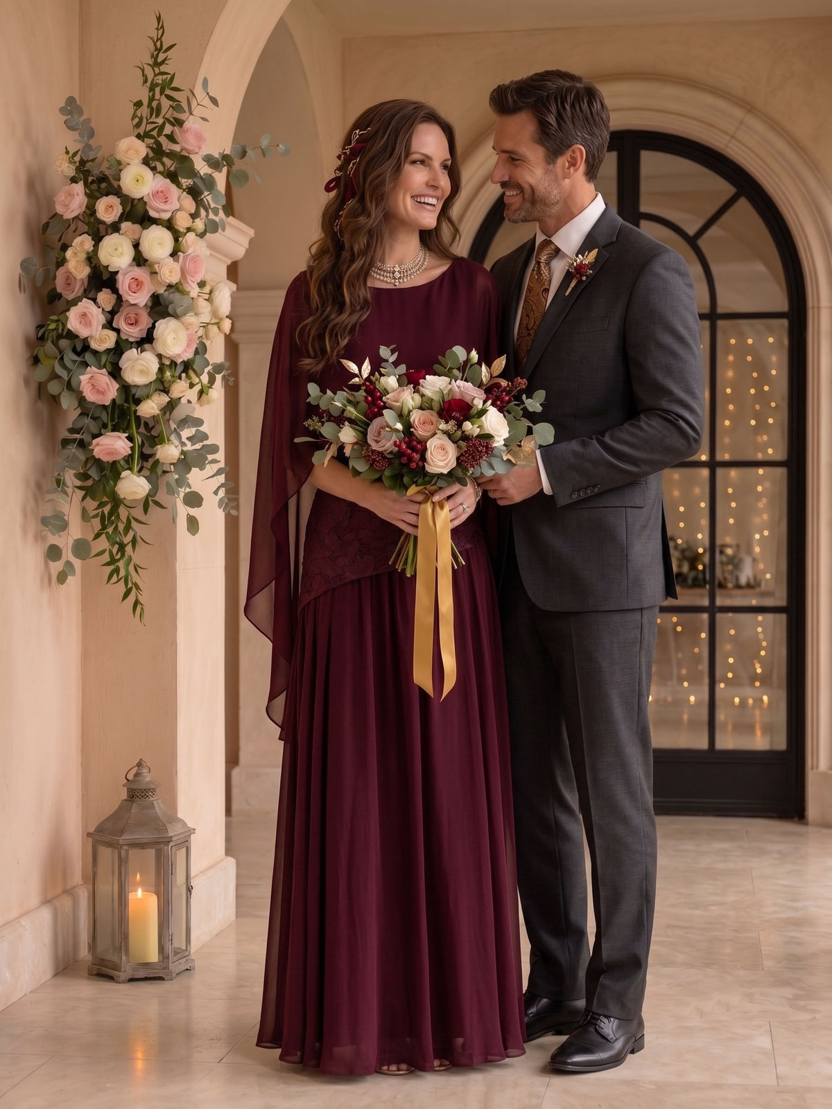 A Line Boat Neck Sleeveless Long Mother of the Bride Dresses with Cape