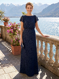 Column Round Neck Short Sleeves Long Mother of the Bride Dresses