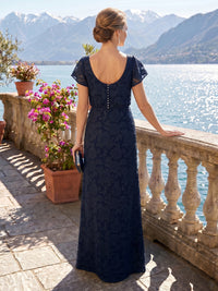 Column Round Neck Short Sleeves Long Mother of the Bride Dresses
