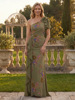 Mermaid One Shoulder Short Sleeves Mother of the Bride Dresses with Flower