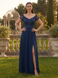 A Line V Neck Short Sleeves Mother of the Bride Dresses with Slit