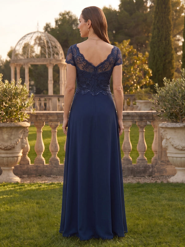 A Line V Neck Short Sleeves Mother of the Bride Dresses with Slit