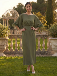 Column Satin Round Neck Half Sleeves Mother of the Bride Dresses