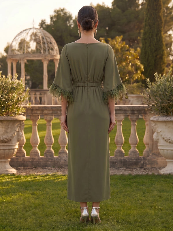 Column Satin Round Neck Half Sleeves Mother of the Bride Dresses