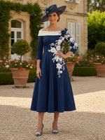 A Line Off Shoulder 3/4 Sleeves Midi Length Mother of the Bride Dresses