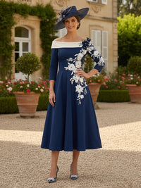 A Line Off Shoulder 3/4 Sleeves Midi Length Mother of the Bride Dresses