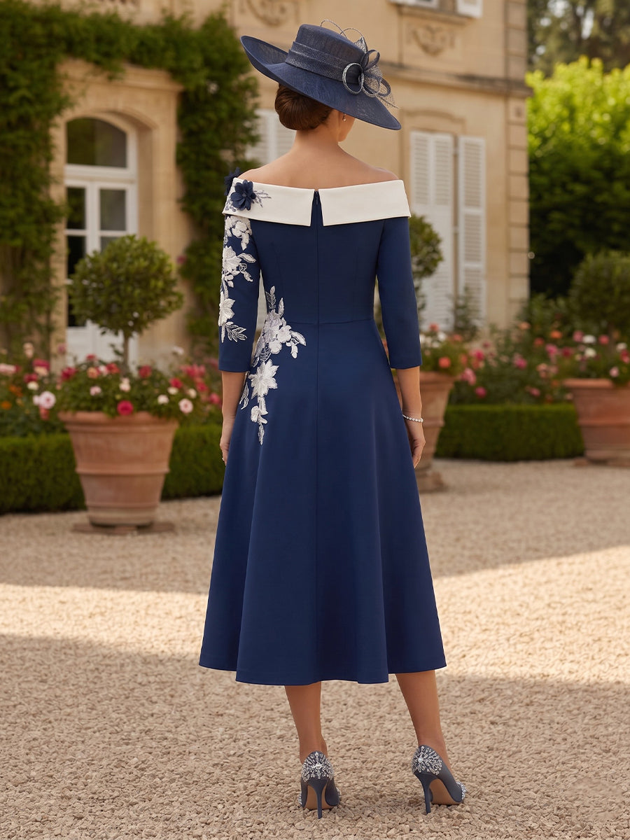 A Line Off Shoulder 3/4 Sleeves Midi Length Mother of the Bride Dresses