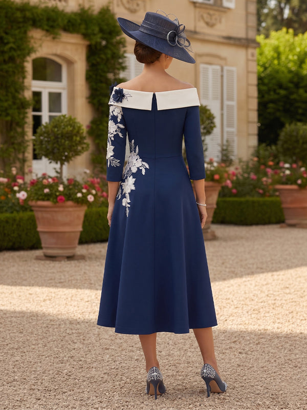 A Line Off Shoulder 3/4 Sleeves Midi Length Mother of the Bride Dresses
