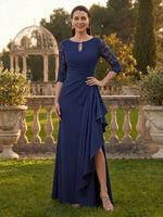 A Line Round Neck 3/4 Sleeves Long Mother of the Bride Dresses with Slit