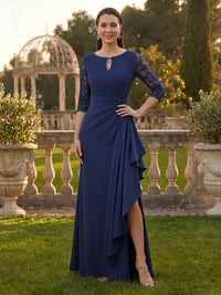 A Line Round Neck 3/4 Sleeves Long Mother of the Bride Dresses with Slit