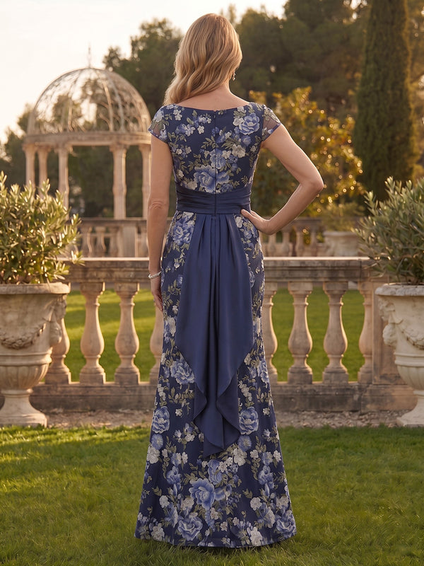 Mermaid Round Neck Short Sleeves Long Mother of the Bride Dresses with Slit