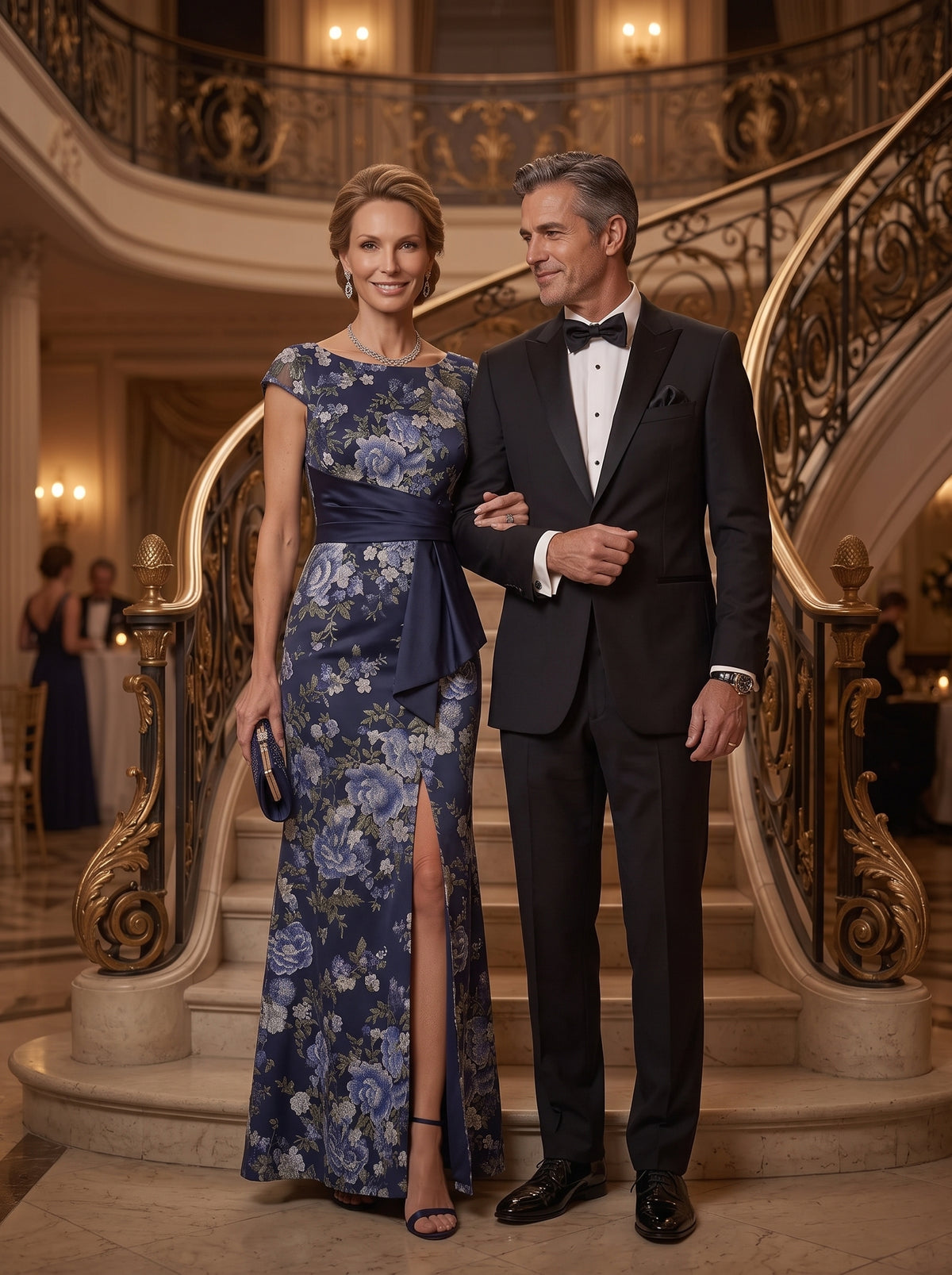 Mermaid Round Neck Short Sleeves Long Mother of the Bride Dresses with Slit