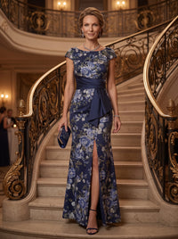 Mermaid Round Neck Short Sleeves Long Mother of the Bride Dresses with Slit