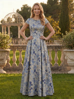 A Line Round Neck Short Sleeves Long Mother of the Bride Dresses with Beads