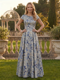 A Line Round Neck Short Sleeves Long Mother of the Bride Dresses with Beads