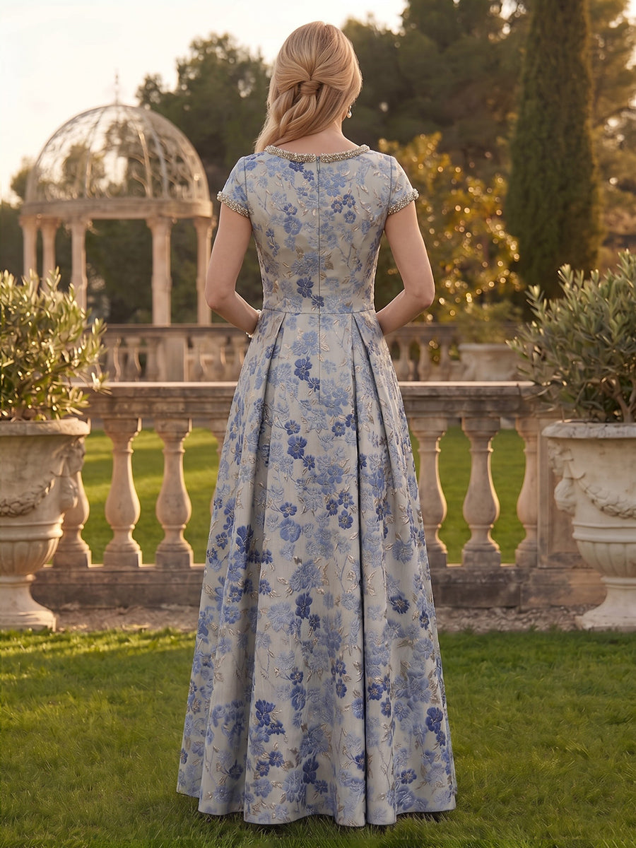 A Line Round Neck Short Sleeves Long Mother of the Bride Dresses with Beads
