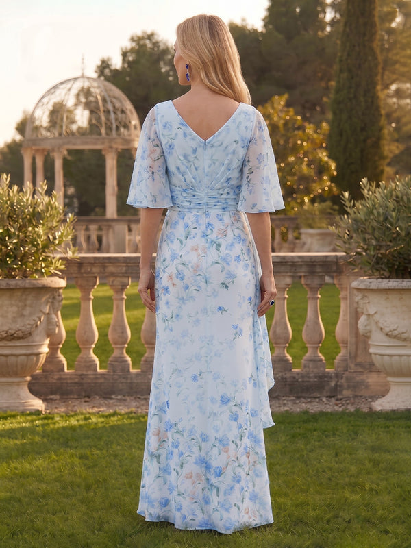 A Line Round Neck Half Sleeves Long Mother of the Bride Dresses