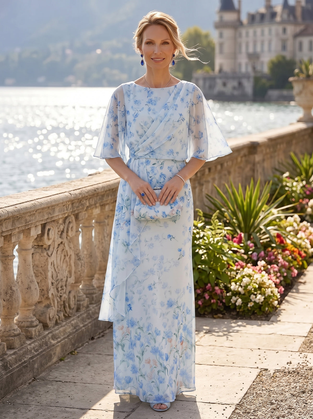 A Line Round Neck Half Sleeves Long Mother of the Bride Dresses