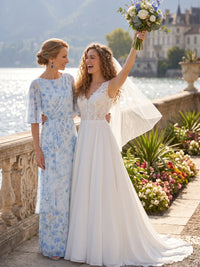 A Line Round Neck Half Sleeves Long Mother of the Bride Dresses