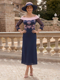 Column Off Shoulder 3/4 Sleeves Long Mother of the Bride Dresses