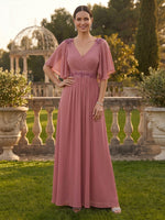 A Line Chiffon V Neck Short Sleeves Long Mother of the Bride Dresses