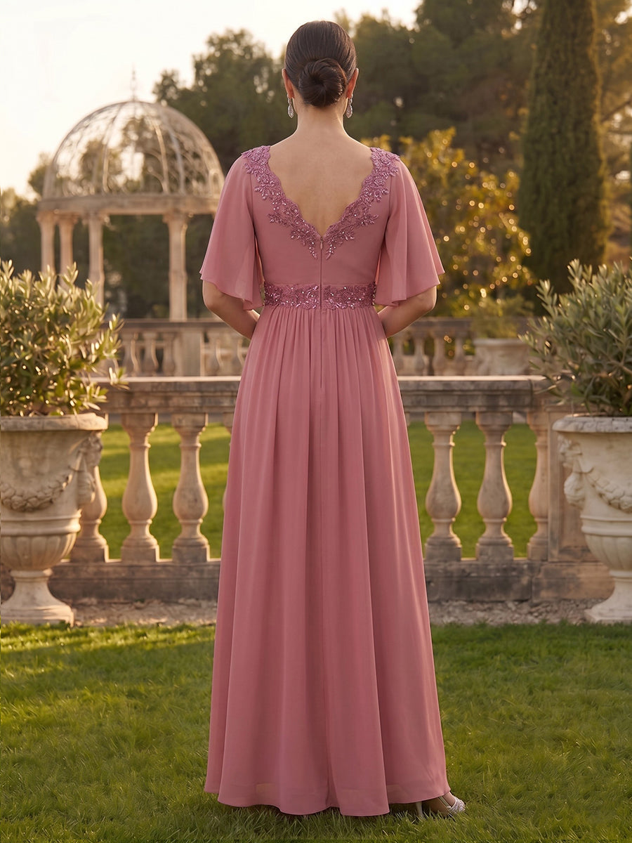 A Line Chiffon V Neck Short Sleeves Long Mother of the Bride Dresses