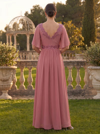 A Line Chiffon V Neck Short Sleeves Long Mother of the Bride Dresses