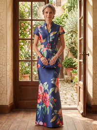 Jacquard Satin Mermaid Short Sleeves Stand Collar Long Mother of the Bride Dresses
