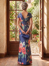 Jacquard Satin Mermaid Short Sleeves Stand Collar Long Mother of the Bride Dresses